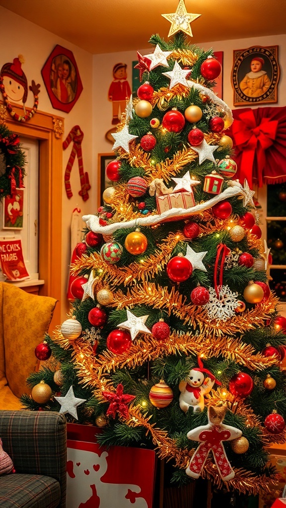 A festive 70s Christmas tree adorned with colorful ornaments and tinsel, surrounded by vintage decorations.